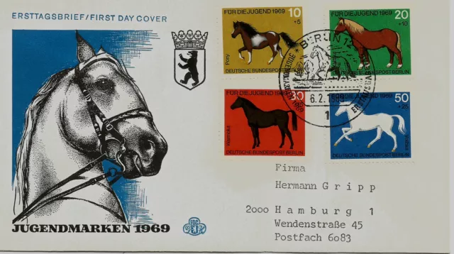 Berlin FDC MiNr 326-329 (5) "Jugend 69: Pferde" Pony-Kaltblut-Warmblut-Vollblut