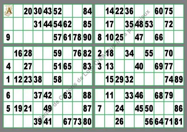 PLAQUE DE LOTO de 6 cartons plastifiée Grille Couleur (A4) il n'y a pas