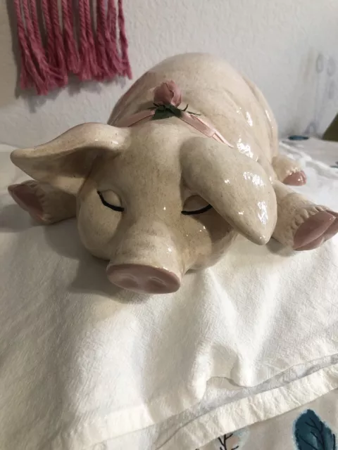 Vintage Ceramic Hand Painted Pink Sleeping Pig Figurine