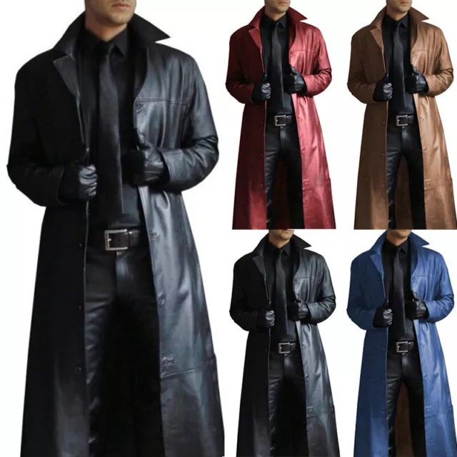 Mens Long Coat Windbreaker Leather Trench Coat Jacket Fashion Slim Fit Overcoat