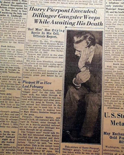 Harry Pierpont John Dillinger mentor prohibition gangster execution 1934 news