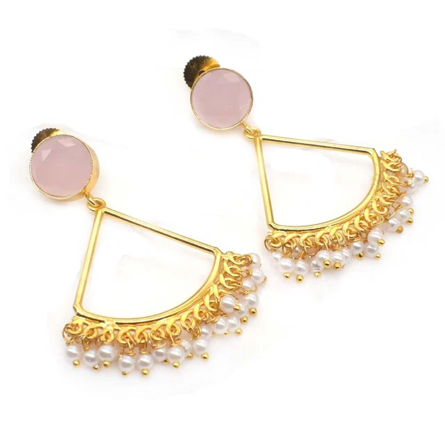 Best Quality Rose Quartz Gold Plated Jewelry Lovely Design Stud Earring 2" f293