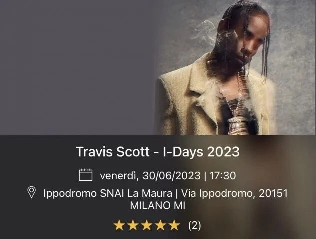 Biglietto Travis Scott - 30/06/2023 - Ippodromo SNAI Milano - Posto Unico ROSSO