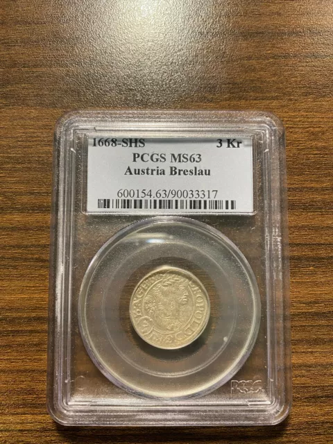 1668-SHS Three 3 Kreuzer 3Kr PCGS MS 63 Austria Breslau