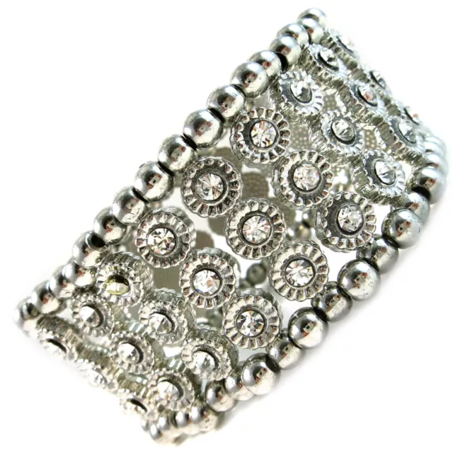 USA Bracelet vintage silve flower rhinestone bead CRYSTAL stretchable large wide