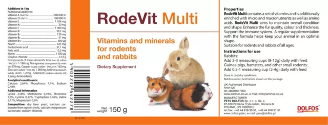 Suplemento mineral multivitamínico RodeVit 150 g polvo para conejos y roedores 2