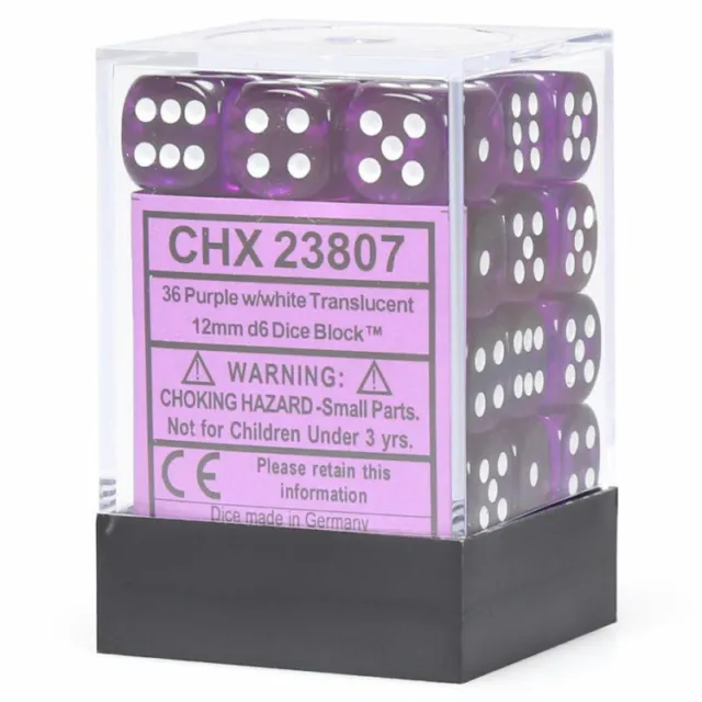CHX23807 Chessex Manufacturing Translucent: 12mm D6 Purple/White (36)