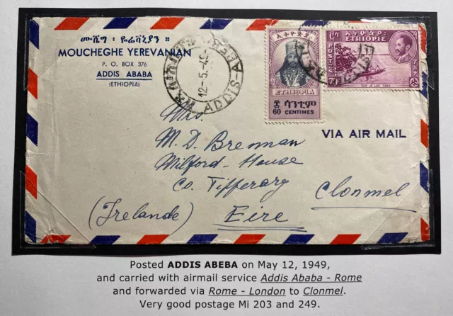 1949 Addis Ababa Ethiopia Airmail Commercial Cover To Clonmel Ireland Via Rome