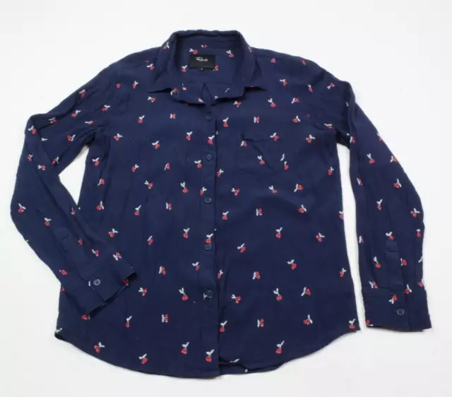 Rails Kate Shirt Womens S Navy Blue Cherries Long Sleeve Button-Up Stretch
