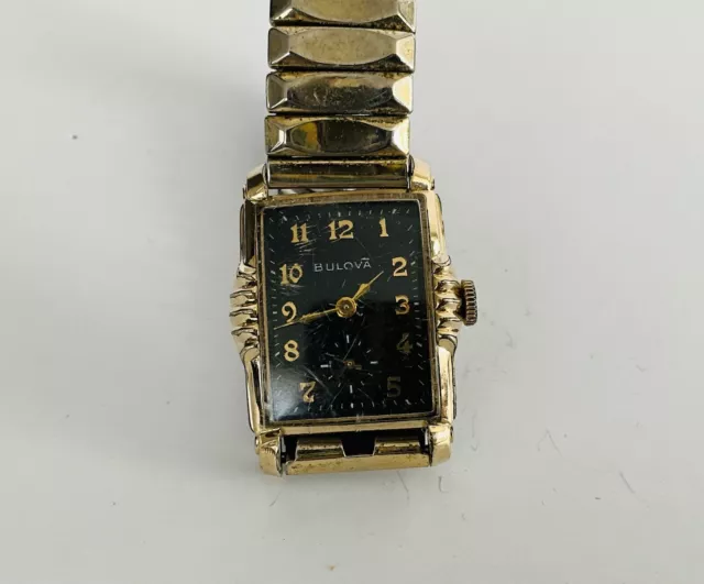 Vintage 1940s Bulova Men's Watch 15 jewel  10k RGP Bezel NOT Running~Black Face