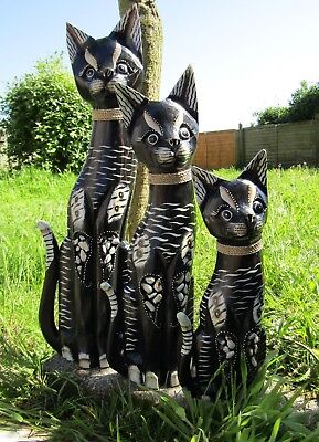 40cm Grey Tail Wooden Shabby Cat Statue Ornament Fair Trade Hand Carved Made 