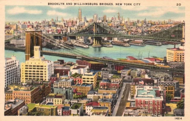 Vtg Postcard Brooklyn and Williamsburg Bridges New York City, NY Unposted