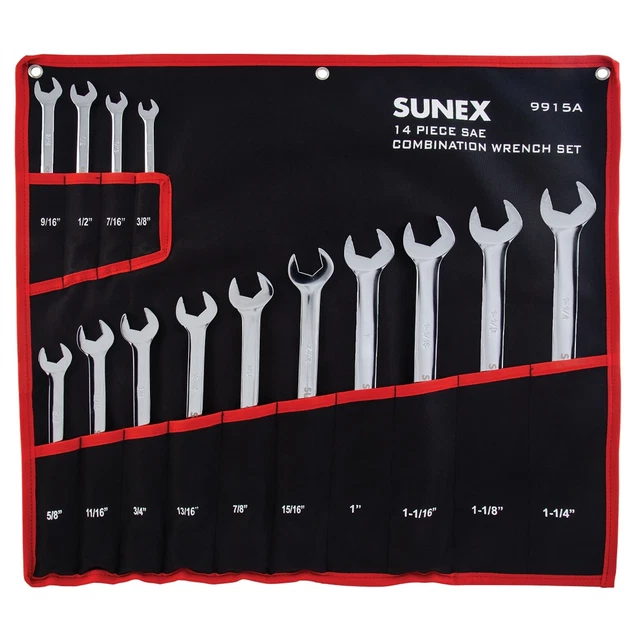Sunex 9915A 14 Pc. SAE Full Polish V-Groove Combi Wrench Set