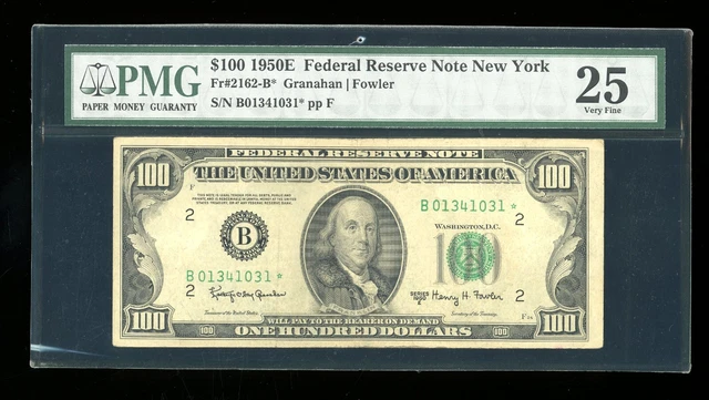 DBR 1950-E $100 FRN New York STAR Fr. 2162-B* PMG 25 Serial B01341031*