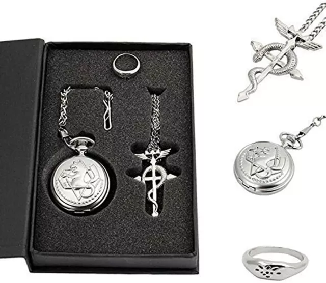 Full Metal Alchemist Pocket Watch Necklace Ring Edward Elric Anime Cosplay Gift