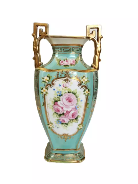 Antique Nippon Large 13" Handled Vase Art Nouveau Blue/Teal Pink Roses Gold Gilt