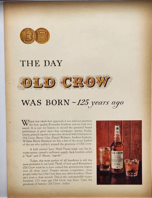 1960 Old Crow Was Born 125 Years Ago Kenturky Bourbon Vintage Print Color Ad