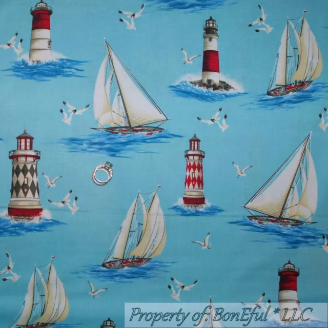 BonEful Fabric FQ Cotton Quilt Blue Water Red Seagull Ocean Lighthouse Sail Boat