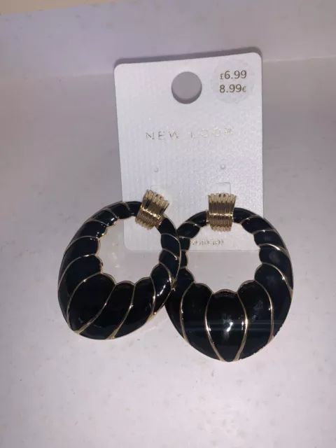 new look Black gold colour hoop statement earrings Door knocker Style Retro NEW