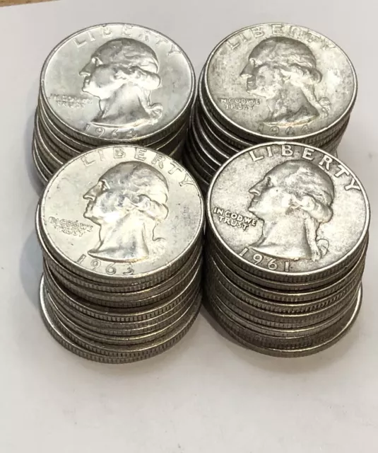 Lot Of 40 Washington Silver Quarters 90% Full Roll $10 Face Value Coins     A4