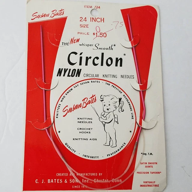 Aguja de tejer circular vintage Susan Bates aro circular de nailon 24" talla 0 nueva