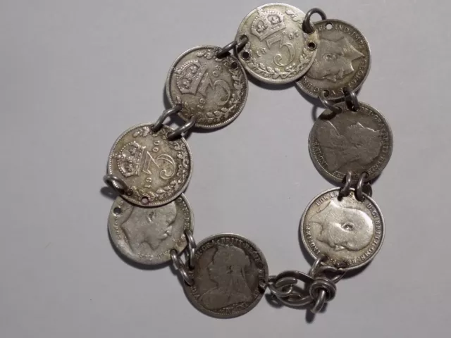 Coin Bracelet Made with (8) Silver British Threepence Coins - 1897 to 1914