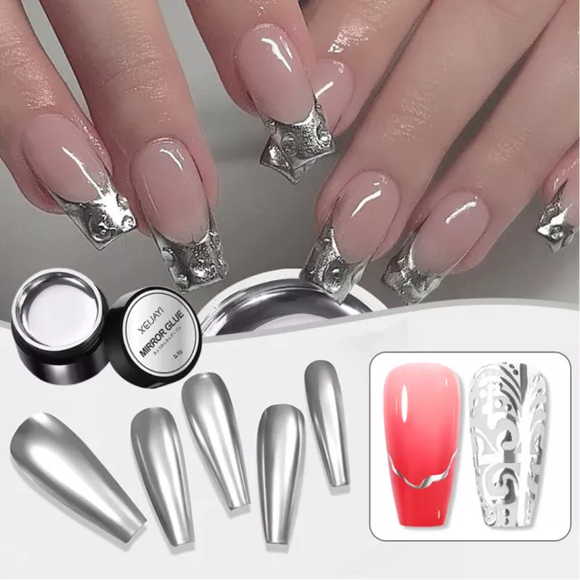 Plata Uña Metálico Pintura Esmalte de Gel Plata Espejo Purpurina Manicura <