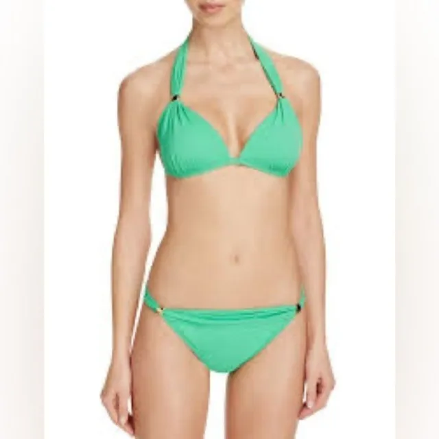 Vix Bikini Set Womens Small Striped Triangle Top Shirred Waist Hipster 2pc Green