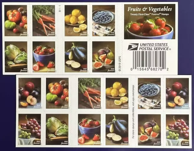 Booklet of 20 USPS Fruit and Vegetables Self-Adhesive Postage Stamps 1 Pane MNH