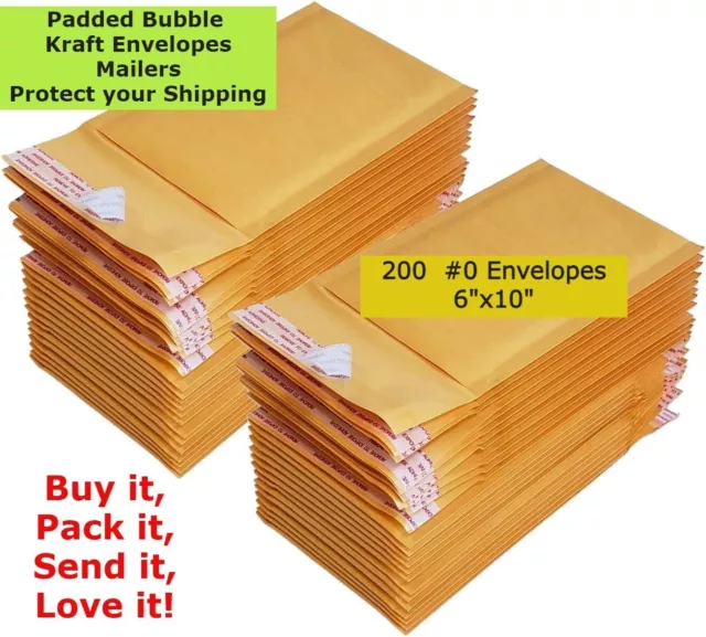 200 #0 6X10 Kraft Paper Bubble Padded Envelopes Mailers Shipping Case 6"X10"