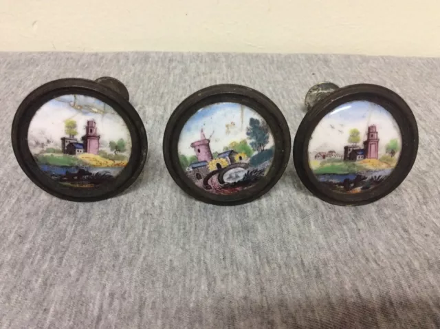 Antique Brass & Porcelain Hand Painted Curtain Tie Backs Holders Lot of 3