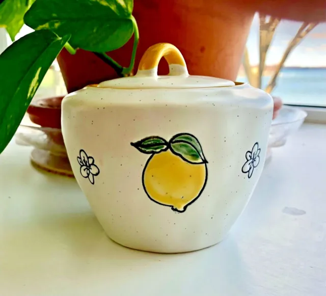 Tazón de azúcar de cerámica con flor de limón con tapa pintado a mano frutas y flores gres