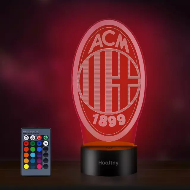 Lampada Milan Calcio, Ac Calcio Milano Luce Notturna 3D Led, 16 Colori USB Ricar