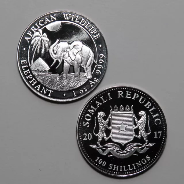 2017 Somalia 100 Shillings - African Wildlife Elephant - 1 oz .9999 Silver