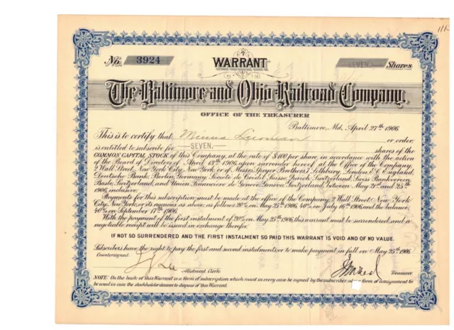 Baltimore & Ohio Railroad Co. Warrant 7/10th 1906 Share Common Capital Stock Blu
