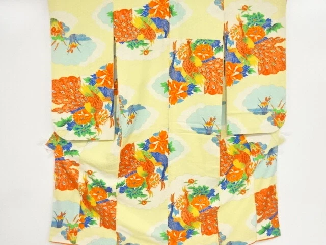 38841# Japanese Kimono / Antique Kimono For Girls / Cloud & Peacock
