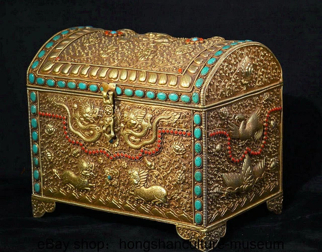 14.4 " Old Tibet Silver Inlay Turquoise Gem Gilt Kirin Beast Pattern Jewelry Box