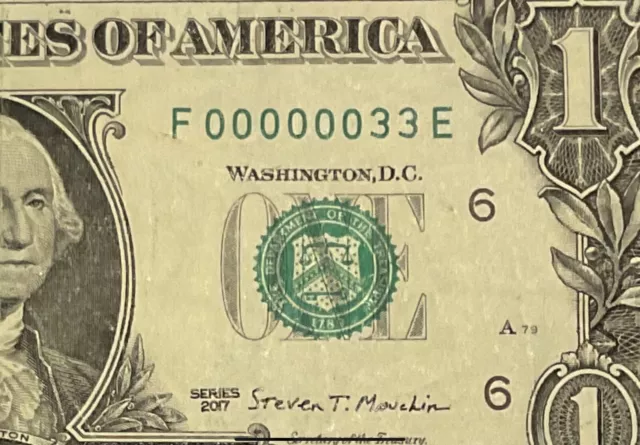 2017 $1 Low  2 Digit Serial Number  (( 000000 33 ))  Old Us  Paper Currency