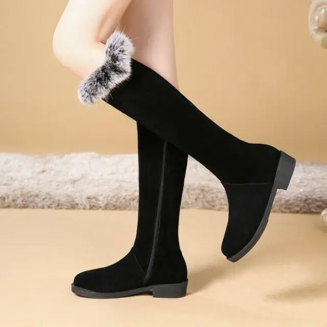 Women's Knee-high Boots Fur Suede Round Toe Casual Chunky Heel Shoes Side Zip