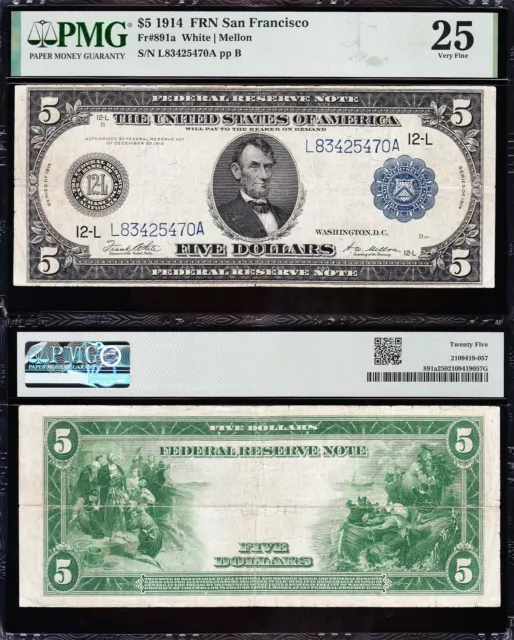 VERY NICE Bold & Crisp VF+ 1914 $5 SAN FRANCISCO Federal Reserve Note! PMG 25!