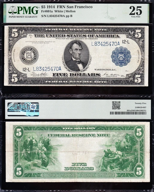 VERY NICE Bold & Crisp VF+ 1914 $5 SAN FRANCISCO Federal Reserve Note! PMG 25!