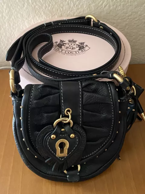 JUICY COUTURE Vintage Black Leather Mini Crossbody Purse Bag w/Charms and Box!