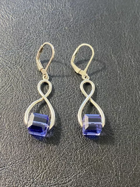 Sterling Silver Purple Cube Bead Dangle Earrings 925