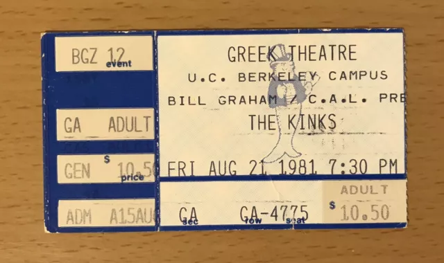 1981 The Kinks Berkeley Concert Ticket Stub You Really Got Me Ray Davies