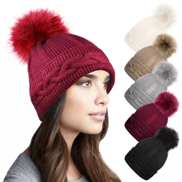 Ladies Womens Warm Winter Chunky Cable Knit Beanie Bobble Hat Detachable Pom Pom