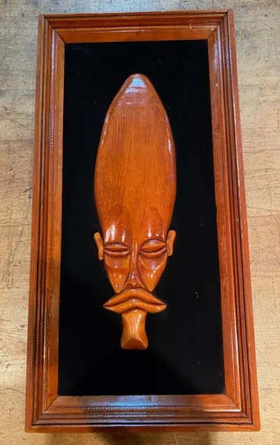 Mid Century Modern TIKI sculpture wall head art carved wood 60s witco velvet