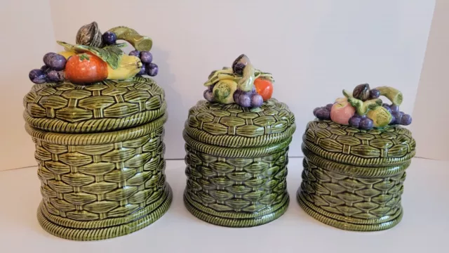 Vintage 70's Ceramic 3 Canister Set MCM Fruit Lids Basket Weave Majolica Style
