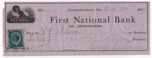 1879 First National Bank of Conshohocken PA - Bank Check with Inter Rev 2 cents