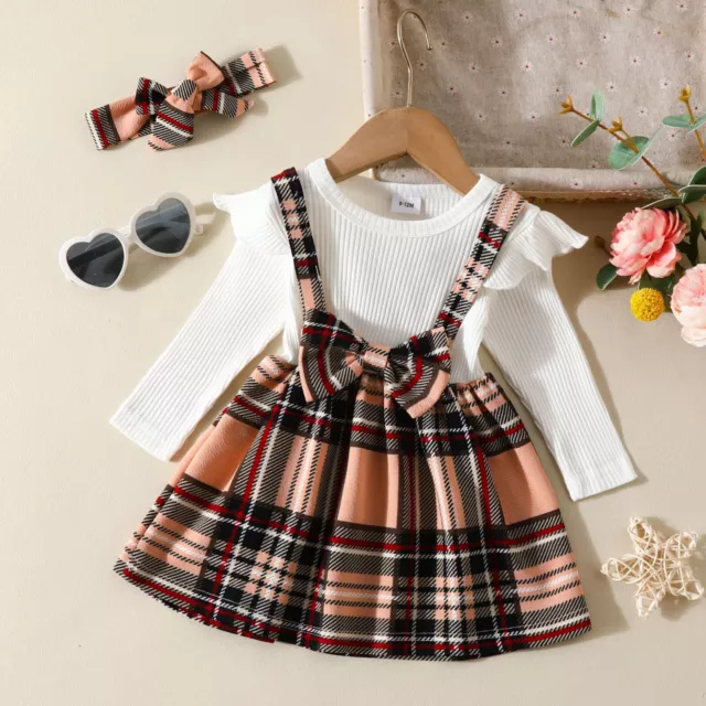 Toddler Girls Long Sleeve Plaid Prints Dress Ribbed Bowknot Dresses Clothes zf