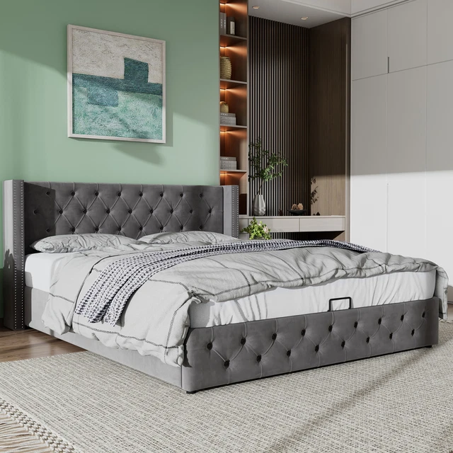 KING BED 150X200 cm Velvet Upholstered Bed W/Hydraulic/ Headboard Bed